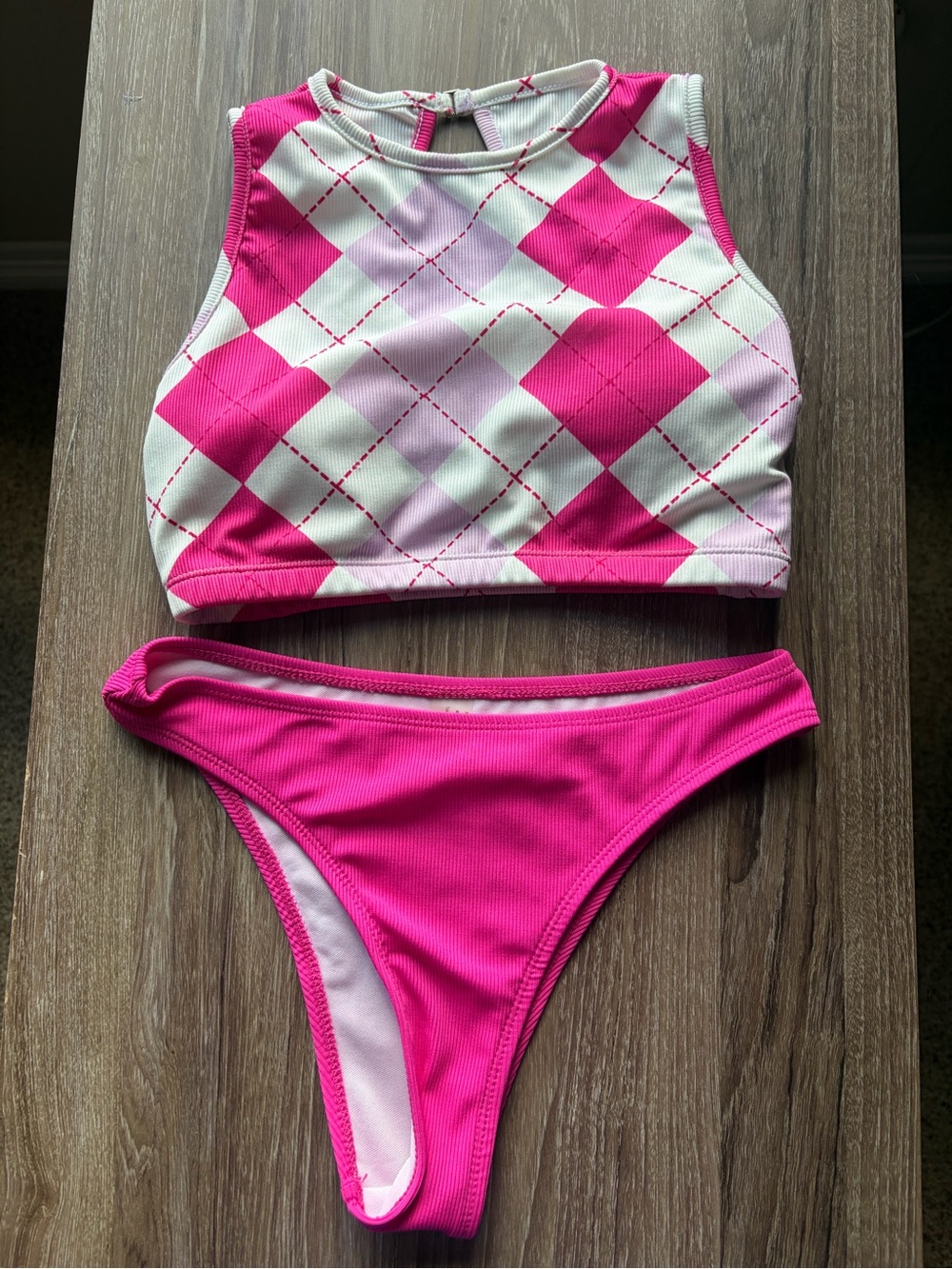 SHEIN Pink Argyle High Neck Bikini Set